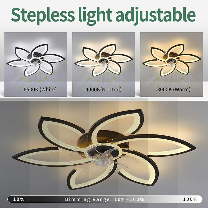 30inch Black Flower Modern CeilingFans with Lights, Low Profile Ceiling Fan with Remote for bedroom, Flush Mount Ceiling Fan with LED Dimmable Light,6-Speeds, Timing Ceiling Fan Light