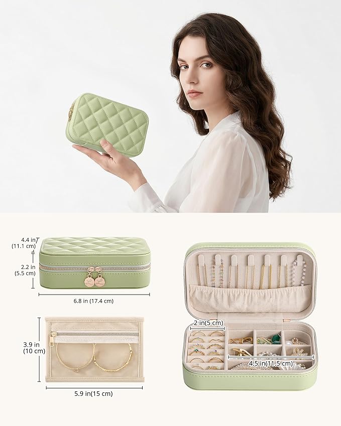 Lolalet Travel Jewelry Case for Women Girls, PU Leather Jewelry Organizer with Clear Storage Bag Small Portable Jewelry Box for Necklace Bracelet Earring Ring Birthday Bridesmaid Gifts -Medium/Green