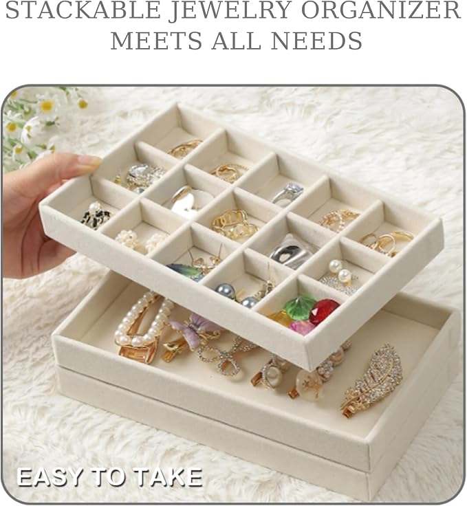 1 Pcs Earring Organizer Stackable Trays,Jewelry Drawer Inserts Container Display Case Storage for Earring Necklace Rings -Beige