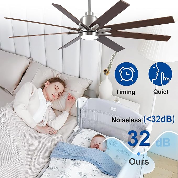 Rayqueen 62 Inch Brushed Nickel Ceiling Fans with Lights and Remote,Downrod | Walnut Blades,6 Speed Reversible DC motor,3-color temperature dimmable LED.For indoor/covered outdoor.5.9/11.8 inch downrod