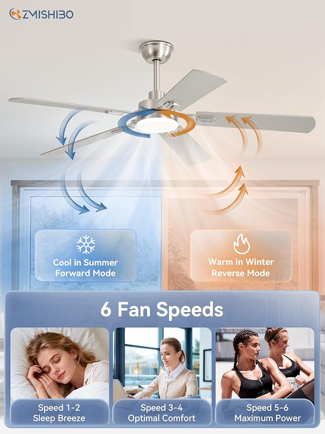 ZMISHIBO 52" Ceiling Fans with Lights, Nickel Modern Ceiling Fan with Remote & App Control, Bedroom Indoor Ceiling Fan with Dual Finish Blades, Quiet & Strong Motor, 24W Dimmable Bright LED Light.
