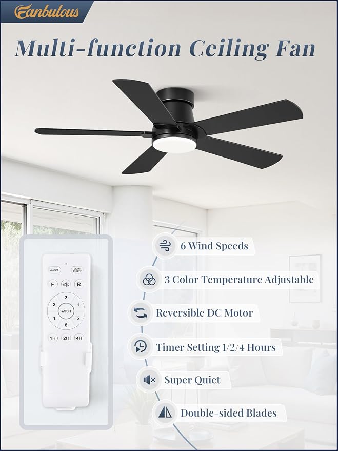 Fanbulous 42” Ceiling Fans with Lights and Remote, Flush Mount Ceiling Fan | Low Profile,Black Modern Ceiling Fan with LED Light, 5 Blades, 3CCT, 6 Speeds,Timer,Bedroom, Indoor, Outdoor,Living room