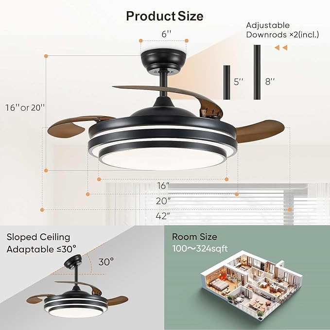 FIDGRA 42 Inch Fandelier Ceiling Fan with Light, Retractable Ceiling Fan with Lights for Bedroom Living Room Dinning Room, Chandelier with Fan 6 Speed, 3 Color Temperature-Black