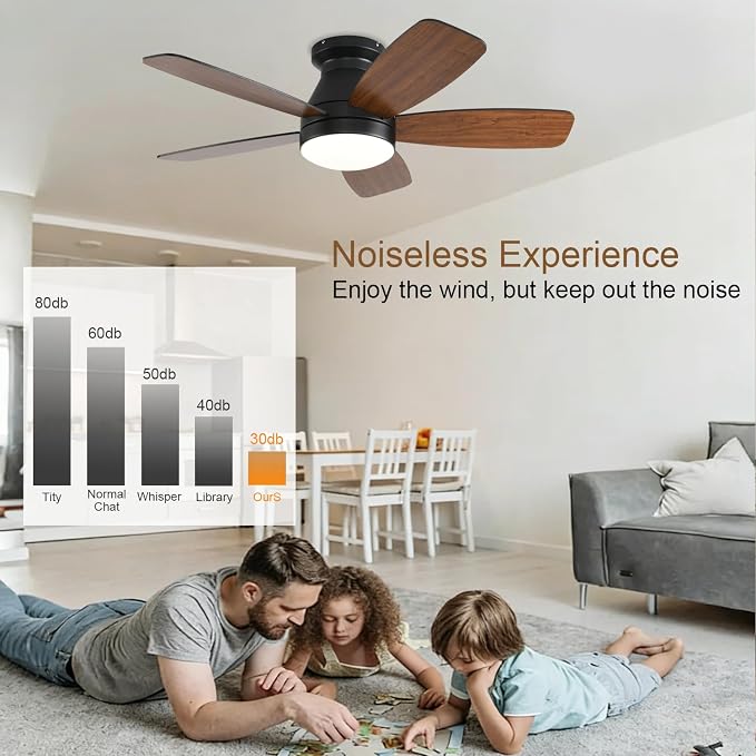 FUMLTP 42inch Ceiling Fans with Lights, Low Profile Ceiling Fan with Light and Remote Control, Flush Mount, Reversible DC Motor, Dimmable, Noiseless,Brown Small Ceiling Fan for Bedroom Indoor/Outdoor