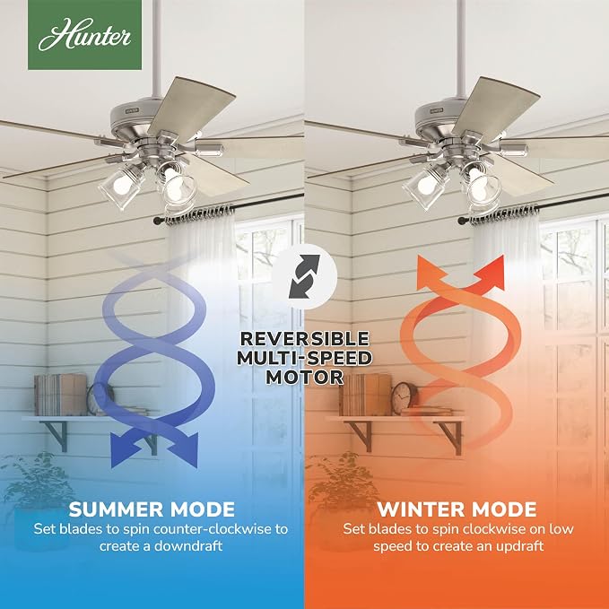 Hunter 52 inch Crestfield Brushed Nickel Ceiling Fan with LED Light Kit and Handheld Remote | with LED Lights and Remote Control, Standard Mount, For Bedroom, Living Room, Kitchen, 3 inch Downrod, 51858