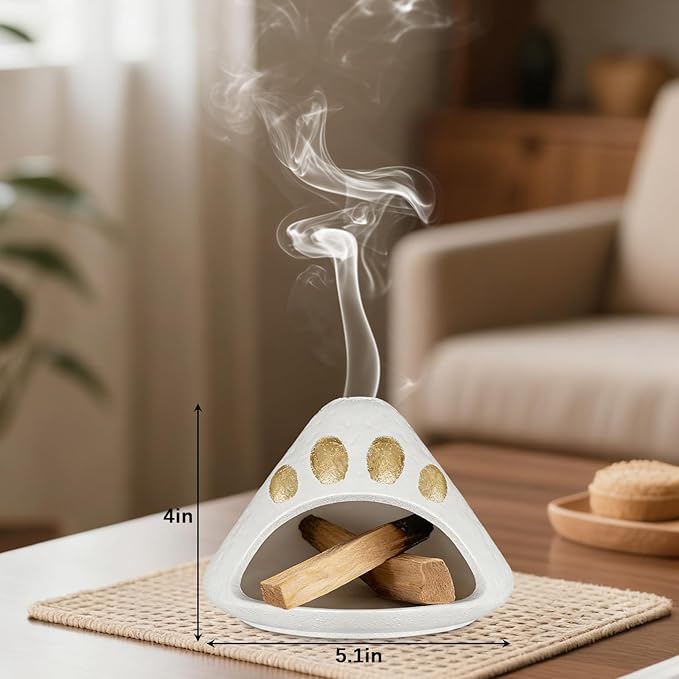 Palo Santo Holder, Palo Santo Burner for Cedar, Sage Burning, Mountain Modeling Smudge Bowl Fireplace Chimney Smudge Bowl for Yoga, Meditation and Energy Cleansing Aromatic Home(White Gold)