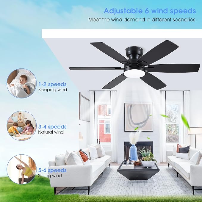 Kviflon 52" Ceiling Fans with Lights, Low Profile Ceiling Fan with Light and Remote/APP Control, Flush Mount Ceiling Fan with 6 Reversible Fan Blades, 3CCT, Dimmable, Quiet Motor for Bedroom Black