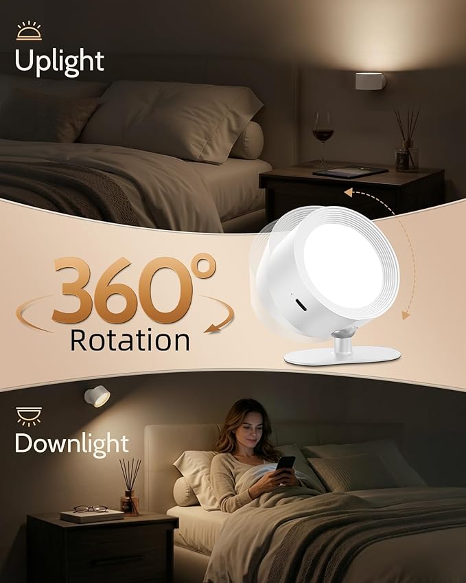 LED Wall Mounted Lights, Rechargeable Wall Sconces, 3 Color Temps, Remote & Touch, 360° Rotating and Dimmable for Bedroom, Bedside & Reading (White, 3 Pack)