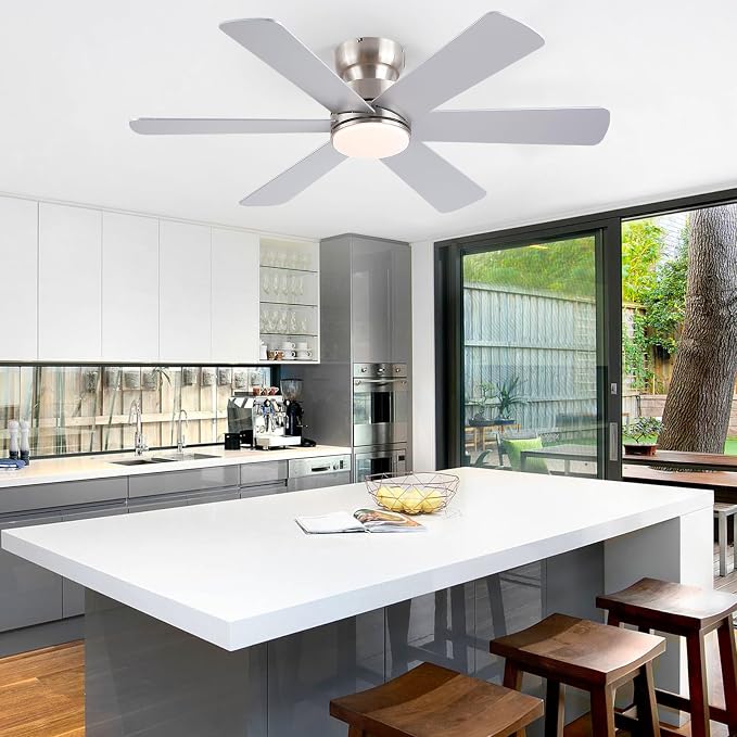 BayDay Ceiling Fans with Lights, Ceiling Fan with Remote APP, Dual-Sided Modern/Rustic, Reversible, 3CCT, Flush Mount Low Profile Ceiling Fan with Lights Bedroom Kitchen Indoor (Nickel, 46 inch)