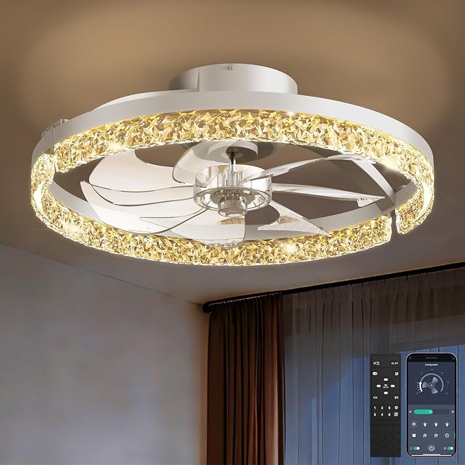 Ceiling Fans with Lights and Remote, Low Profile Ceiling Fan, Morden Flush Mount LED Fan Light, 3000K-6500K Dimmable for Bedroom, Kitchen, Living Room, Srystal, White