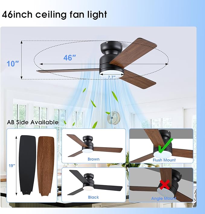 Kviflon 46 Inch Ceiling Fans with Lights and Remote/APP Control, Low Profile Ceiling Fan with Lamp, Flush Mount, 3CCT, 3 Reversible Blades 6 Speeds, Double Sided Fans for Bedroom, Brown+Black