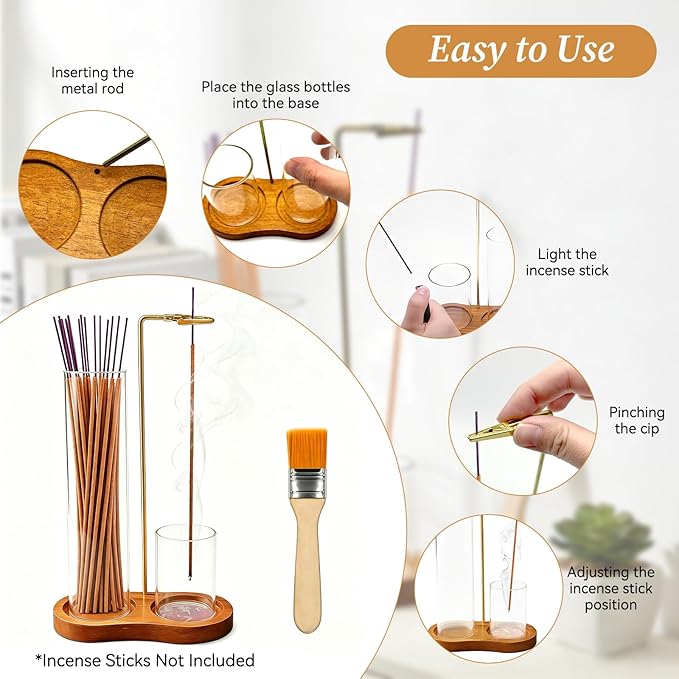 Anti Ash Incense Holder with Glass Ash Catcher, Vertical No Mess Incense Burner for Stick, Wooden Modern Design for Meditation Yoga Home Decor(Incense Sticks Not Included)