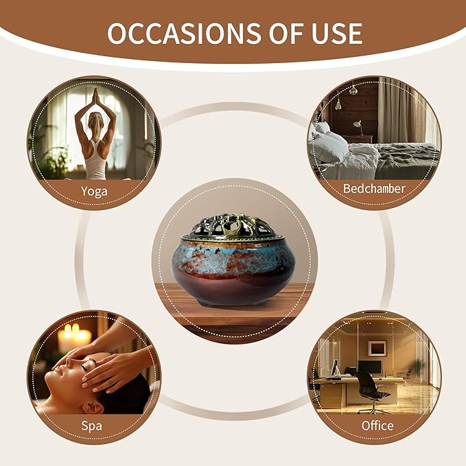 Ceramic Incense Burner, Bowl Burner,Cone Incense Burner with Brass lid for use with Stick or Cone-Shaped Incense，Lotus Incense Stick Holder Calabash Incense Stick Holder, 3pc (Fambe Blue)