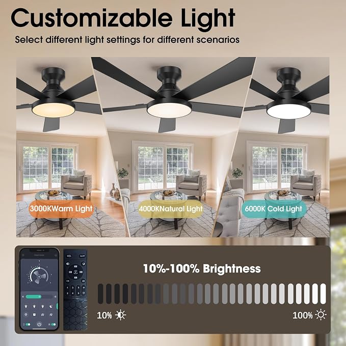 Ceiling Fans with Lights, 52 inch Low Profile Ceiling Fan with Light, Remote/App Control, Flush Mount Black Ceiling Fan for Bedroom, Indoor/Outdoor
