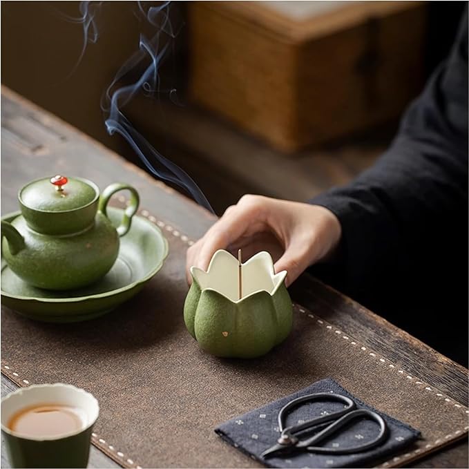 Hermit Life Incense Burner with 9 Holes Stick Holder, Lotus Bud or Tripod Ding Shape Design and Matte Ceramic Surface for Home Décor, Incense Stick Holder with Ash Catcher (Green Lotus Bud)