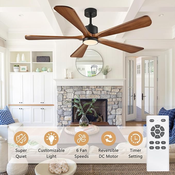 5 Blade Ceiling Fans with Lights, 60 inch Outdoor Ceiling Fans with Remote Control for Patio Bedroom, 5 Solid Wood Blades 6-Speed Reversible DC Motor(Walnut)