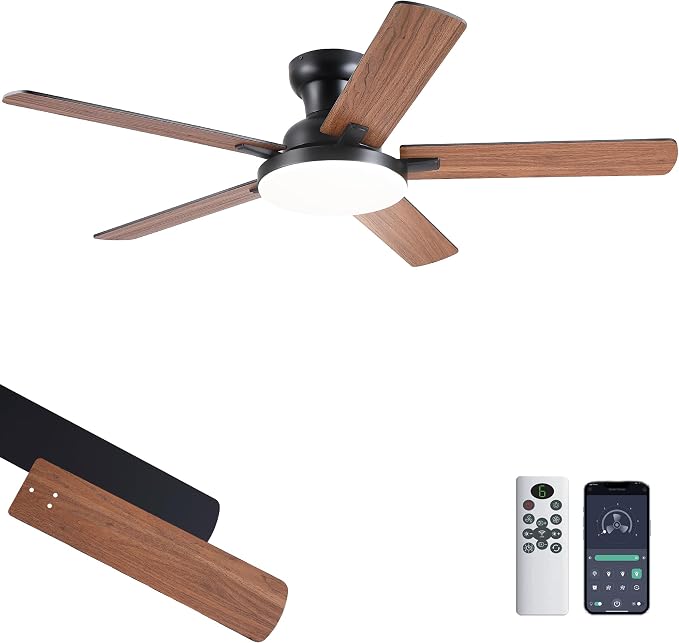 Flush Mount Ceiling Fans with Lights, 52" Ceiling fan with Remote Control, Low Profile Ceiling Fan with 3CCT, Dimmable, Noiseless DC Motor, Modern Fan Light Fixture for Bedroom, Kitchen, Brown