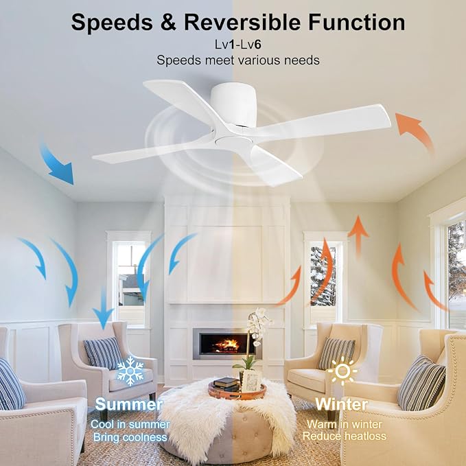 WINGBO 54 Inch Ceiling Fan Without Light, Solid Wood Flush Mount Ceiling Fan with Remote Control, Reversible DC Motor, 4 Blades, 6-Speed Quiet Performance, for Bedroom & Living Room, White