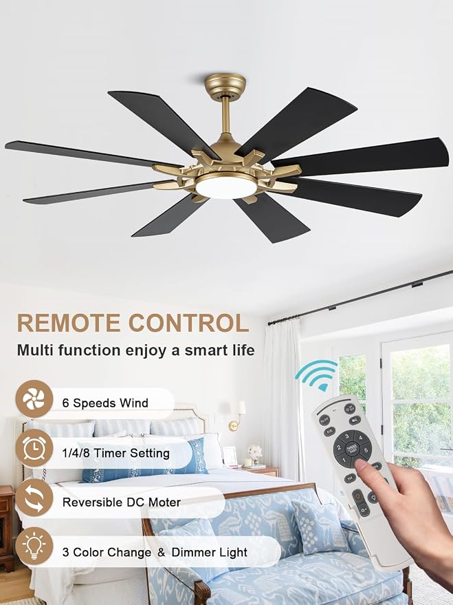 60" Black and Gold Ceiling Fan with Lights and Remote, LargeFandelier Ceiling Fan Modern Chandelier 3CCT LED Light for Living Room Indoor Porch, Reversible Quiet DC Motor 6 Speeds