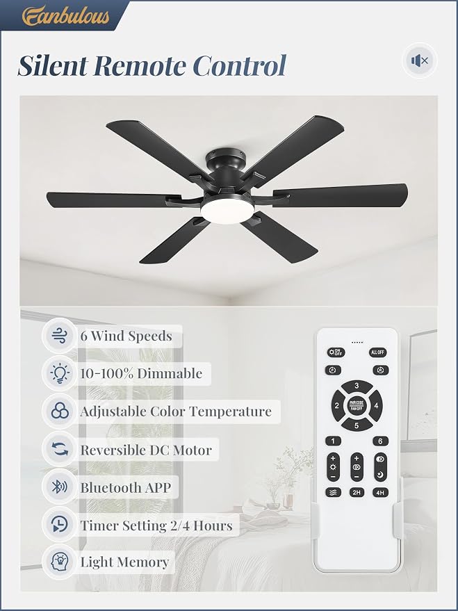 Fanbulous 52 Inch Ceiling Fan with Lights, APP & Remote Control, Flush Mount Low Profile Black Ceiling Fan, 3000-6000K Dimmable LED, Quiet Reversible Motor, 6 Blades, 6 Speeds, for Bedroom Living Room