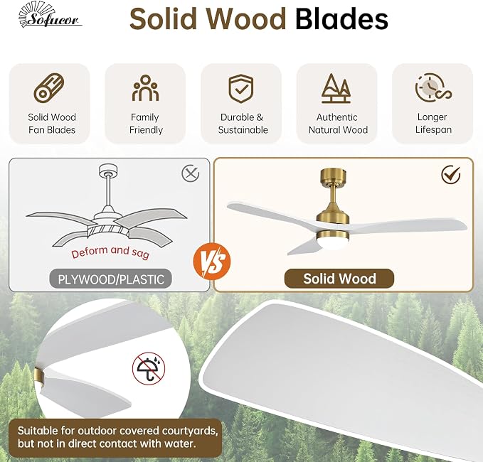Sofucor 52" Solid Wood Ceiling Fan Lights, Flush Mount & Downrod Mount Ceiling Fan with Lights and Remote, Wood Blades Modern Outdoor Ceiling Fans for Bedroom/Farmhouse/Patio/Indoor