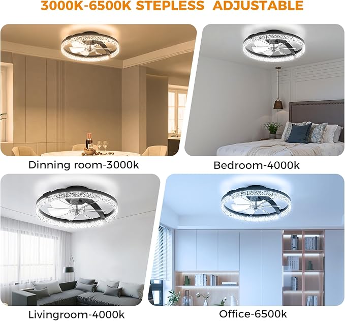 Ceiling Fans with Lights and Remote, Low Profile Ceiling Fan, Morden Flush Mount LED Fan Light, 3000K-6500K Dimmable for Bedroom, Kitchen, Living Room, Srystal, Black