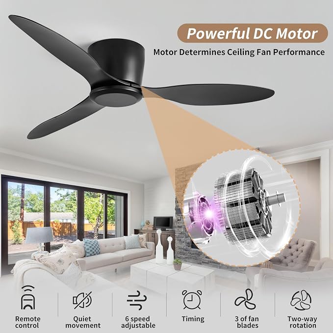 Ceiling Fans No Light with Remote Control Flush Mount 42 Inch Black | Low Profile Ceiling Fan Without Lights 6 Speed Reversible FCC Timing, ABS blades, quiet operation, pure copper motor