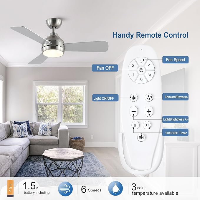42 Inch Downrod Ceiling Fan with Light, 3 Wood Blades | Remote Control,Reversible Quiet DC Motor,Wood Blades,6 Speed,3CCT Dimmable for Bedroom,Living Room