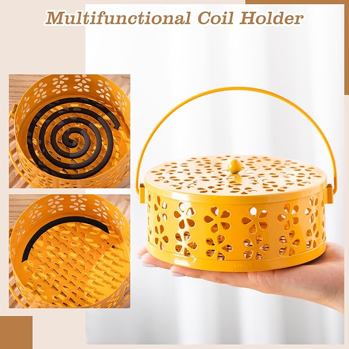 Lallisa 4 Pieces Mosquito Coil Holder Incense Coil Holder Retro Portable Metal Hanging Incense Burner with Handle Round for Home Camping Indoor Outdoor Patio(Yellow)