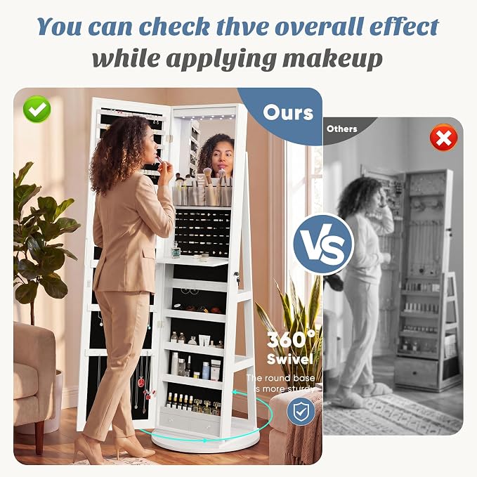 360° Rotating Jewelry Armoire with Full-Length Mirror & LED | Lockable Standing Organizer, Secure Storage For Jewelry, White