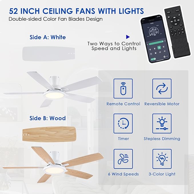 BYKISTOK 52In Flush Mount Ceiling Fans with Lights - White Low ProfileCeiling Fan with Remote/APP, Reversible, 3CCT Dimmable, Modern Fan Light for Indoor Living Room, Outdoor Covered Patios