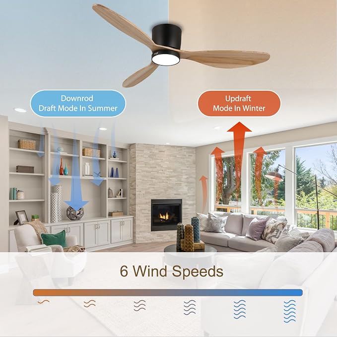 reiga 52" Natural Wood Flush Mount Ceiling Fan with Light, Quiet DC Motor | 3 solid wood blades, reversible silent motor; dimmable 3CCT LED light, remote timer for bedroom & mid-century indoor spaces