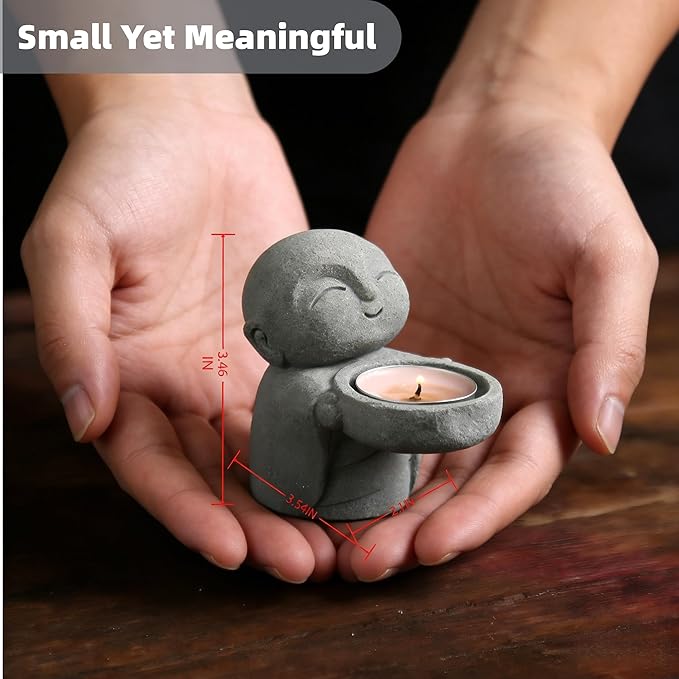 Cute Little Monk Statue Tea Light Holder, Sandstone Zen Buddhist Figurine for Candle Holder, Incense Burner, Meditation Decor, Feng Shui Home Accent, Consecrated with Amulet - 3.9 inch