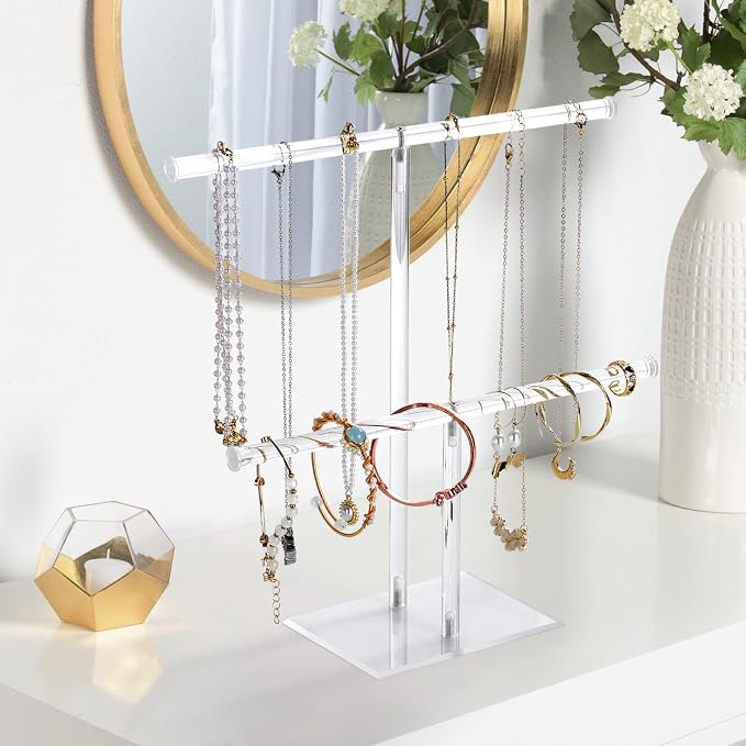 Acrylic Jewelry Stand, 2-Tier Necklace Holder, Jewelry Display Holder | Clear Bracelet Hanging Organizer, Tower Stand for Bangles, Necklaces, Bracelets, Rings, Earrings and Watch