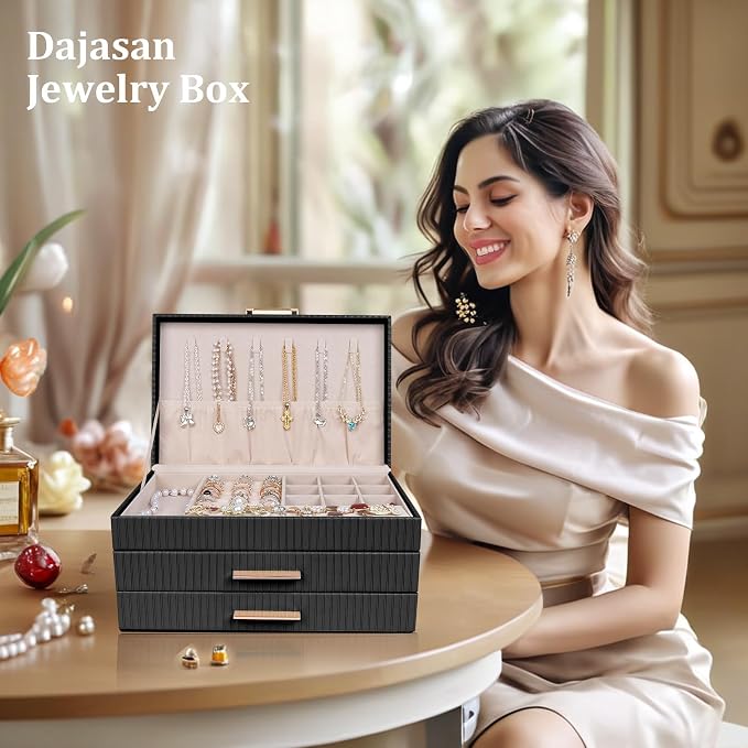 Dajasan Jewelry Box Organizer, 3-Tier Jewelry Storage with 2 Drawers, Large Jewelry Boxes for Women, PU Leather Surface with Texture, Gift Idea, Modern Style, 10.71 x 7 x 5.6 Inches (Black)