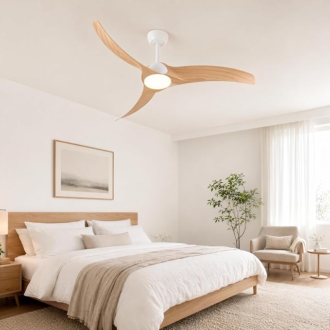 52 inch Ceiling Fan with Light, White/Wood Reversible Blades | Modern Low Profile Flush Mount, 3-Speed Reversible DC Motor, Dimmable 3-Color LED, Remote Control for Bedroom Living Room