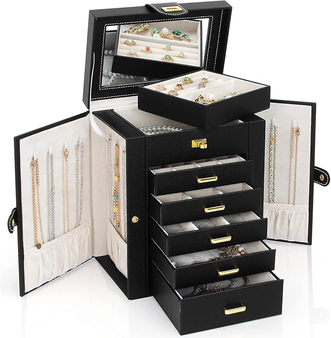 AKOZLIN 6-Tier Jewelry Box Organizer Functional 5 Drawers Leather Jewelry Storage Case for Women Girls Ring Necklace Earring Bracelet Holder Organizer with Mirror Black Regular