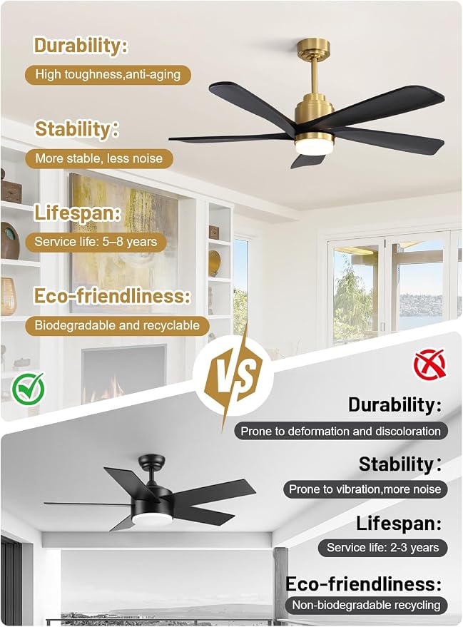 Sofucor Black Ceiling Fan with Lights and Remote, 52 Inch Modern Wood Ceiling Fan with 2 Downrods for Indoor Farmhouse Bedroom Living Room Outdoor Patio Porch, Quiet/Reversible/Timer
