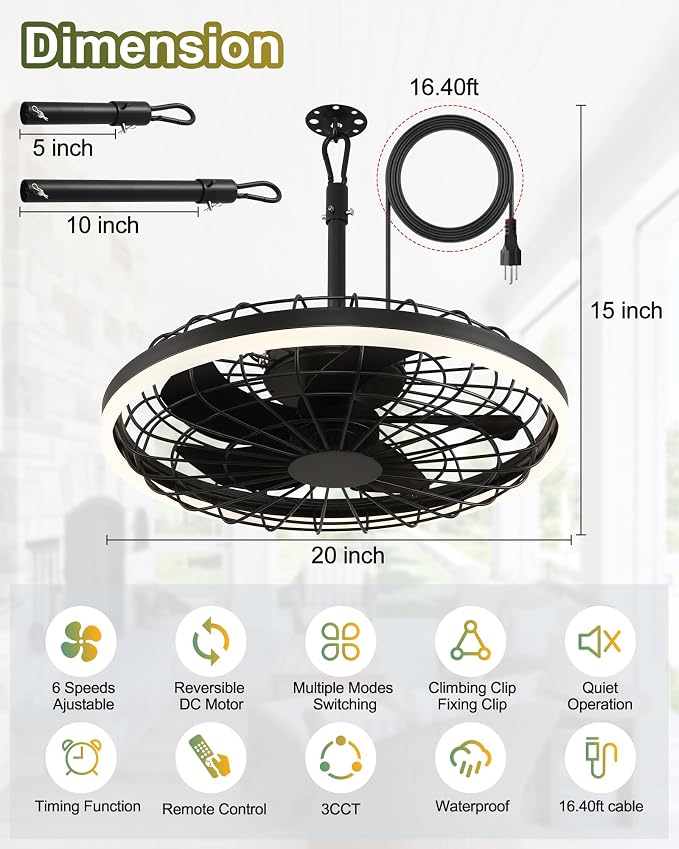20" Gazebo Fan With Light Waterproof Ceiling Fan,5 Blade,Dimmable Color,3CCT,Alexa/Google,Black Plug In Caged Outdoor Fan for Patio Backyard Family Reunions Parties