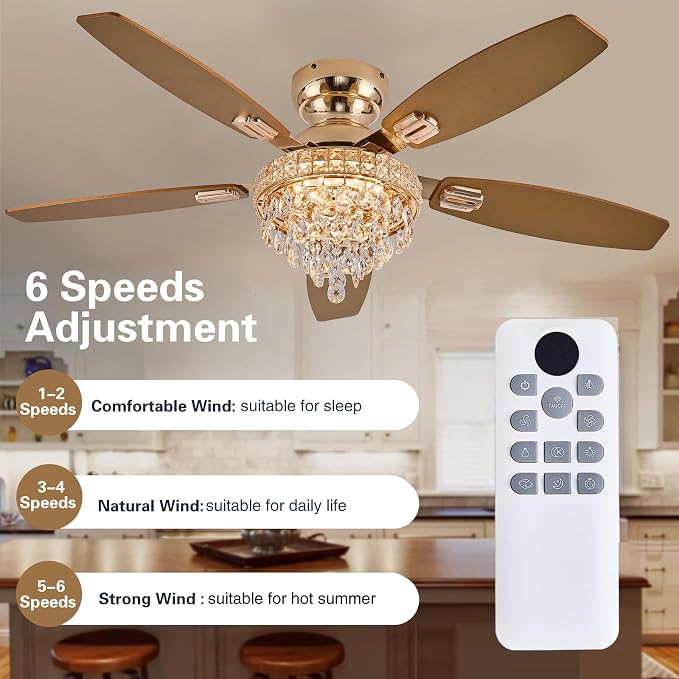 Crystal Ceiling Fan Fandelier with Lights-Ceiling Fans with Lights,50" Low Profile and Remote Control, Flush Mount, Reversible, Dimmable, Noiseless,Gold Ceiling Fan for Bedroom