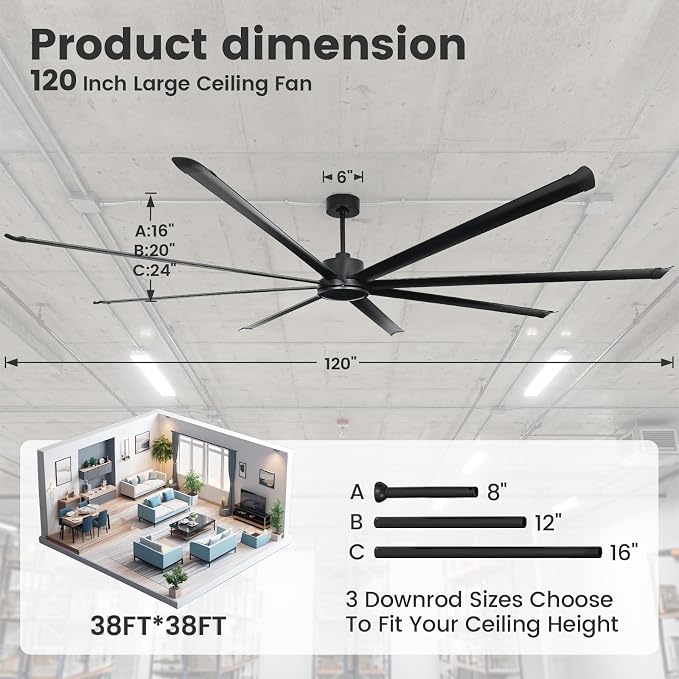 120 Inch HVLS Industrial Ceiling Fan, Large Ceiling Fan with Remote Control, High Airflow Commercial Fan for Garage Gym Shop Warehouse, Quiet DC Motor, 6 Speeds, 8 Aluminum Blades