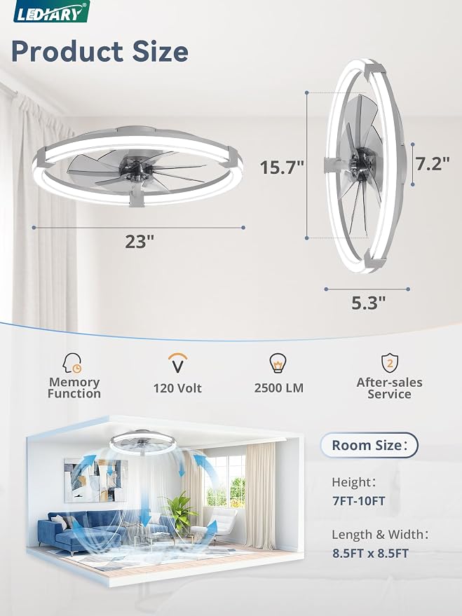 LEDIARY Ceiling Fans with Lights, 23 Inch Low Profile Ceiling Fan with Remote, 6 Speeds, Reversible, Dimmable Flush Mount Fan Light, Modern Fandelier Ceiling Fan with Lights for Bedroom, Grey