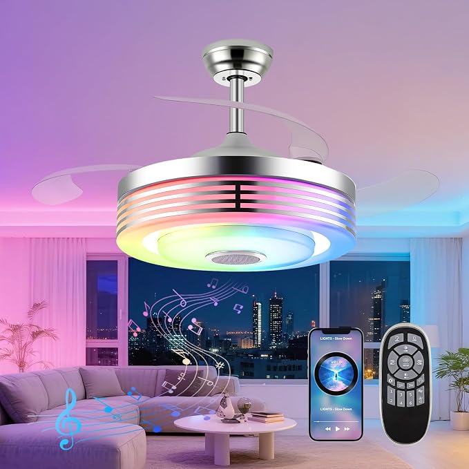 42" Modern RGB Ceiling Fan with Lights and Bluetooth Music Speaker,Color Change Motor Retractable Fandelier Ceiling Fan with Light and APP/Remote,6 Speed Silent Chandelier Fan for Bedroom Living Room