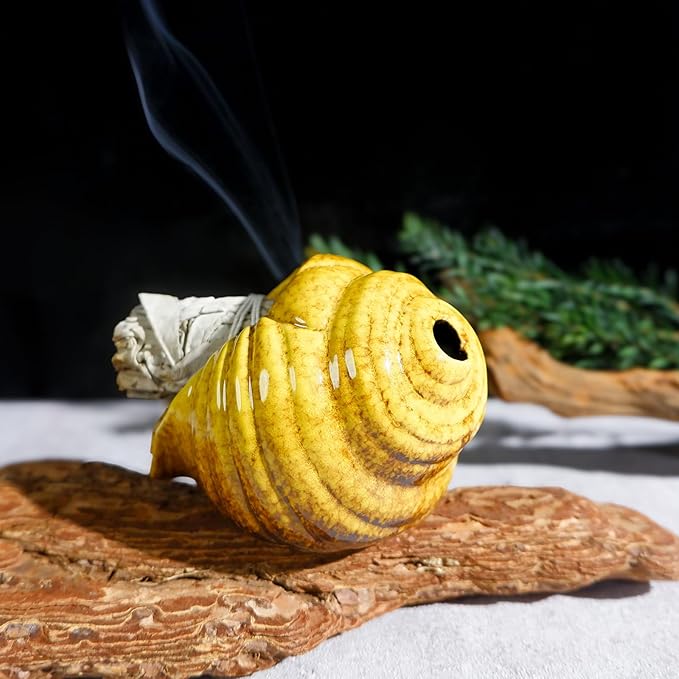 MOUGIGI Yellow Ceramic Conch Palo Santo Holder - Mini Chimney Incense Burner, Tabletop Smudge Bowl Compatible with Sage/Sticks/Cones/Copal,for Yoga、Zen Meditation、Witchcraft, Ideal Altar Decor Gift
