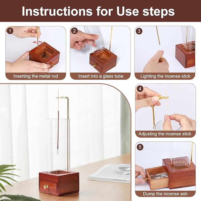 Wooden Incense Holder for Sticks with Drawer,Windproof Glass Tube, Fireproof Stainless Steel Base, Wood Incense Burner for Meditation, Yoga, and Spa (20 Sticks Included)