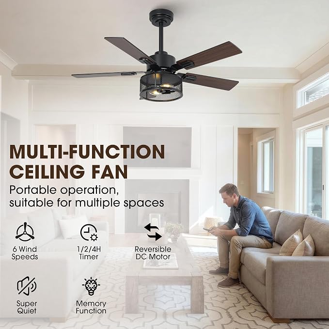 42" Farmhouse Ceiling Fan with Light and APP & Remote Control, 6-Speed Reversible Quiet DC Motor, Black Industrial Rustic Caged Ceiling Fan for Bedroom Apartment Patio, Timing Function