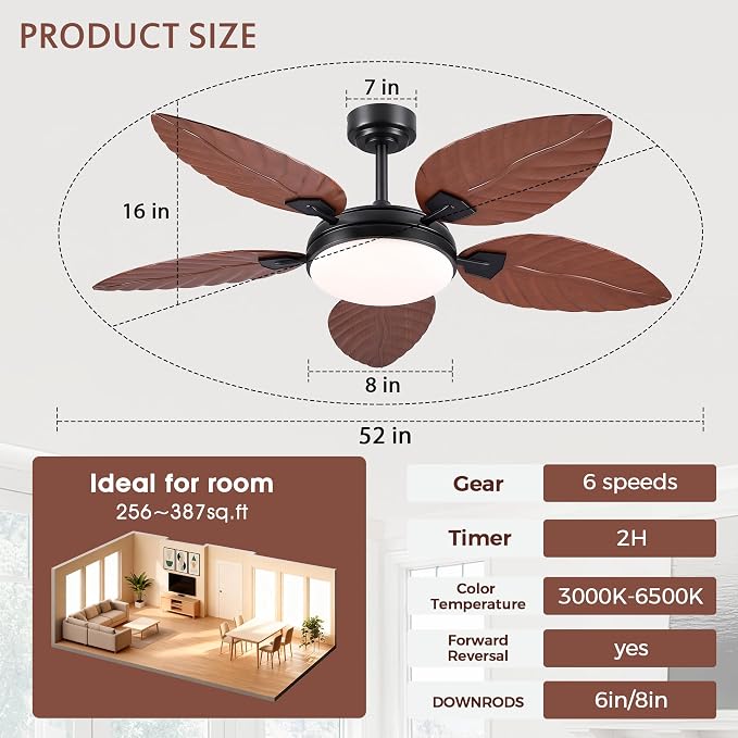 GJeg Tropical Ceiling Fans with Lights and Remote,52Inch Outdoor Palm Leaf Ceiling Fan for Patios Porch Bedroom, Dimmable LED Light, 6 Speeds, Reversible,Brown