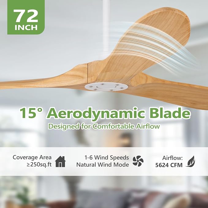 72 Inch Natural Wood Large Ceiling Fans Without Lights,Propeller Outdoor Ceiling Fans Without Lights with Wall Switch and Remote Control,Quiet DC Motor,3 Blades Ceiling Fan for Patios