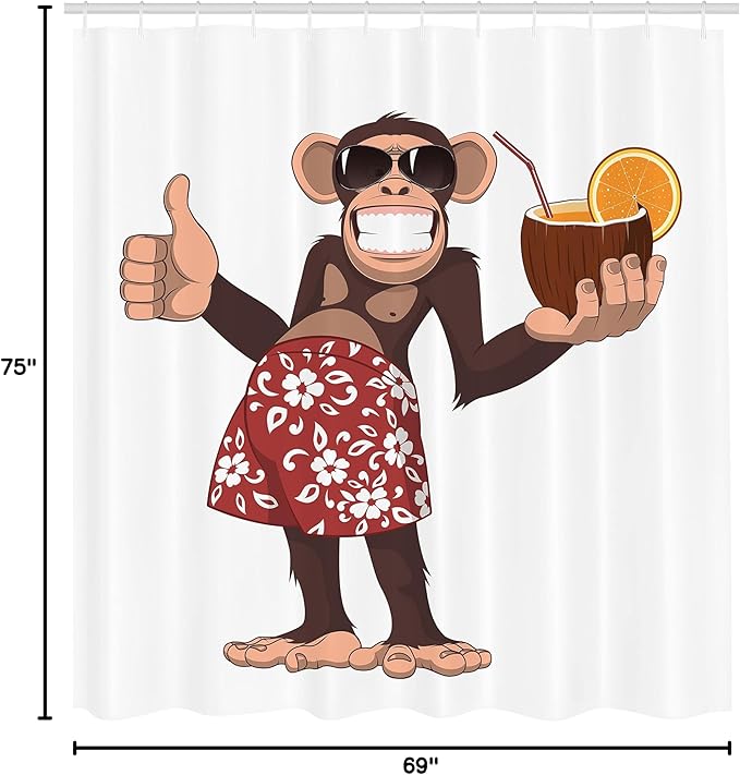 Ambesonne Cartoon Shower Curtain, Happy Chimpanzee Holding a Cocktail and Smiling Piggle Ape Cheerful Comic Art, Cloth Fabric Bathroom Decor Set with Hooks, 69" W x 75" L, Brown Ruby