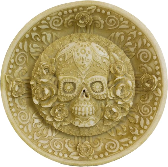 Ebros Day of The Dead Inca Floral Rose Sugar Skull Incense Stick Burner Holder Medallion Dish Figurine Skeletons Halloween Ossuary Aromatherapy Coin Jewelry Dishes Decorative Accent